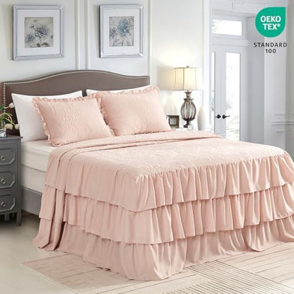 CHIXIN Ruffle Skirt Bedspread King Size - 30" Long Drop, Shabby Chic Style, Lightweight Bedding Cover, 3 Piece Set, Chic Layers, Pink