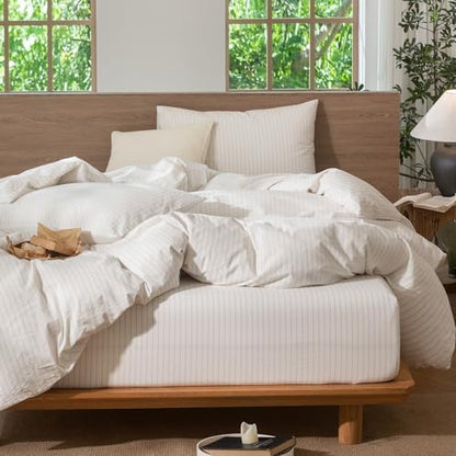 MooMee Striped Duvet Cover Set 100% Washed Cotton Linen Like Twin