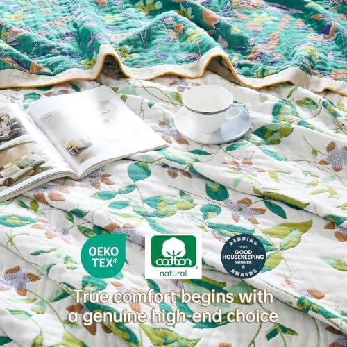 VANJOROY Boho Throw Blanket, 100% Organic Cotton Breathable Skin-Friendly Ultra Soft 50" x 60" Bed Quilt Throw - Floral Rustic Decor Luxury Reversible Blanket for Sofa Couch Chair and Gift,