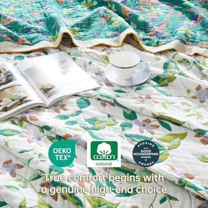 VANJOROY Boho Throw Blanket, 100% Organic Cotton Breathable Skin-Friendly Ultra Soft 60" x 80" Bed Quilt Throw - Floral Rustic Decor Luxury Reversible Blanket for Sofa Couch Chair and Gift,