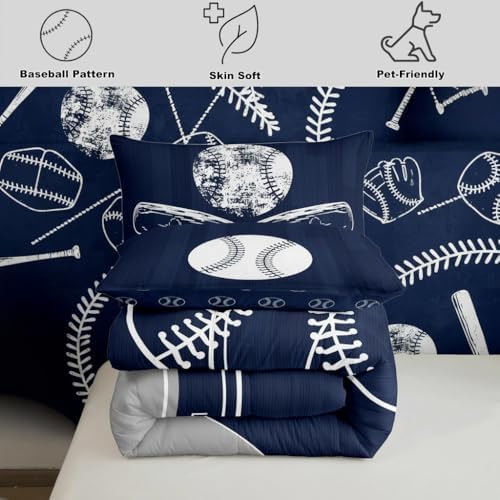 Erosebridal Kids Baseball Queen Size Comforter Set for Boys Girls Sport Bedding Set, Baseball Printed Reversible Down Comforter Navy Blue Grey Bed Set, Ball Gaming Quilted Duvet