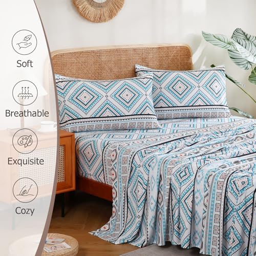 CozySmile 4 Pieces King Sheet Set Bohemian, Boho Sheets Soft Microfiber Deep Pocket, Western Sheets Geometric(King, Turquoise Geometric)