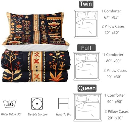 Nttopship Boho Floral Comforter Bedding Set with 2 Pillowcase Full Size Retro Dark Floral Comforter Set for Kids Boys Girls Bedroom Decor
