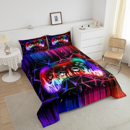 Castle Fairy Boys Gamepad 3 Pcs Queen Size Comforter Set,Video Games Gamer Down Alternative Adults Bedroom Decor,Modern Honeycomb Ultra Soft Microfiber Inner Fill 3Pcs Bedding
