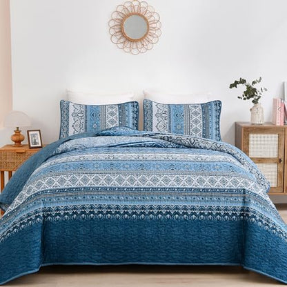WONGS BEDDING Blue Quilt Queen Size,3 Pieces Bohemian Bedspread