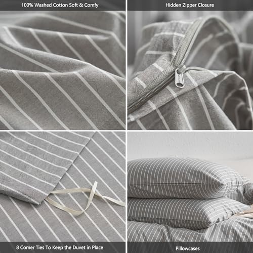 MooMee Striped Duvet Cover Set 100% Washed Cotton Linen Like Full