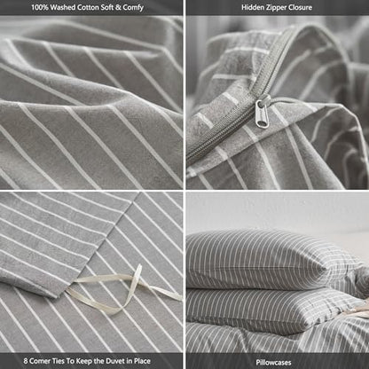 MooMee Striped Duvet Cover Set 100% Washed Cotton Linen Like Full