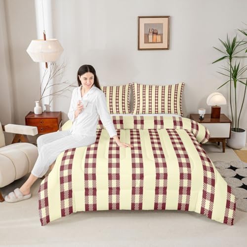 jejeloiu Red Brown Plaid Comforter Set All Season Stripes Bedding Set with 1 Pillow Cases Check Checkered Microfiber Kids Twin Bedclothes Grid Geometric Bedroom Decor Duvet Quilt Breathable Soft