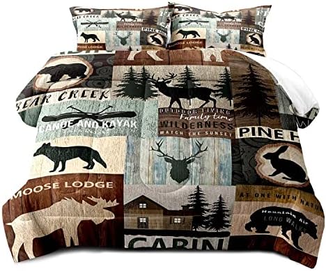 LUVIVIHOME 2PCS Black Bear Moose Deer Comforter Set, Twin Comforter, Pine Tree Woodland Rabbit Wolf Forest Animal Wildlife Hunting Cabin Lodge Vintage Country Rustic Farmhouse Bedding, 1 Pillow Sham