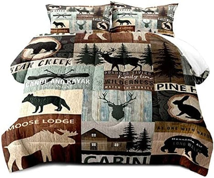 LUVIVIHOME 2PCS Black Bear Moose Deer Comforter Set, Twin Comforter, Pine Tree Woodland Rabbit Wolf Forest Animal Wildlife Hunting Cabin Lodge Vintage Country Rustic Farmhouse Bedding, 1 Pillow Sham