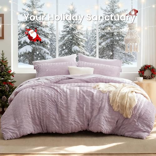 Love's cabin Seersucker Lavender Twin Comforter Set 5 Pieces, All Season Bedding Set, Twin Bed in a Bag Comforter Set with Comforter, Flat Sheet, Fitted Sheet, Pillowcase and Pillow Sham