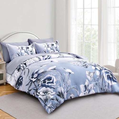 Luxudecor Floral Comforter Set Queen Size 7 Piece, Blue Flower Bed in a Bag, Elegant Gradient Floral Comforter with Sheet Set, Soft Seersucker Microfiber Bedding Set for All Season (Blue, 90"x90")