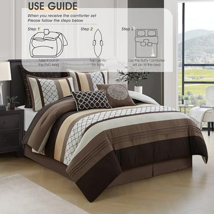 LANCO MODERN LIFESTYLE Queen Comforter Set, Brown Bedding Set, Jacquard Woven with Geometry, 16 Pieces Room in a Bag, Sheets, Bedskirt, Pillow Shams and Cases, Decorative Pillows and Curtains