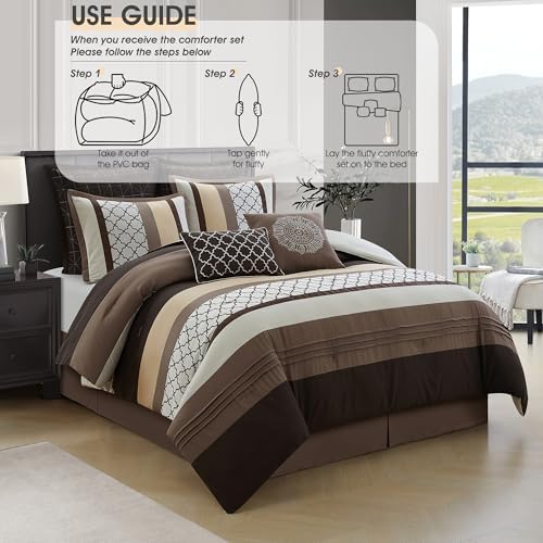 LANCO MODERN LIFESTYLE California King Comforter Set, Brown Bedding Set, Jacquard Woven with Embroidery, 8 Pieces Bed in a Bag, Bed Skirt, Shams and Decorative Pillows