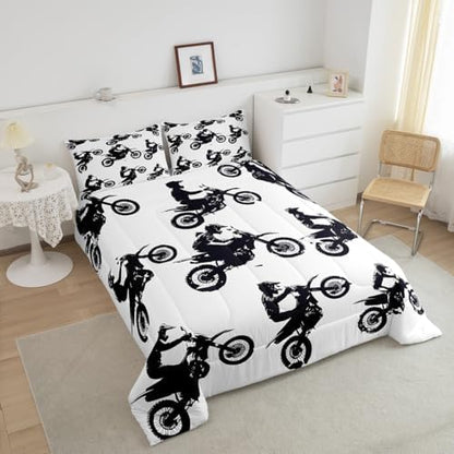 Feelyou Dirt Bike Comforter Set Toddler Size Cool Motocross Bedding Set Ultra Soft Motorcycle Racer Comforter for Kids Boys Girls Motorcycle Duvet Quilt Bedroom Decor Motorbike Quilt