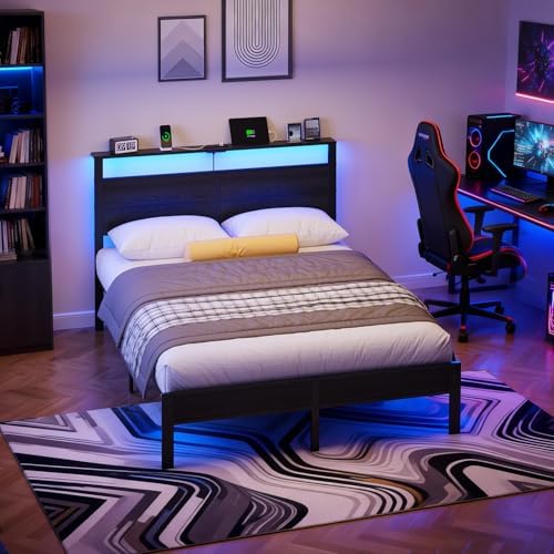 Liians Queen Size Black Metal Bed Frame with USB Type-C Charging Headboard, Smart LED Lights, Noise-Free Platform Bed, No Box Spring Needed, Easy Assembly