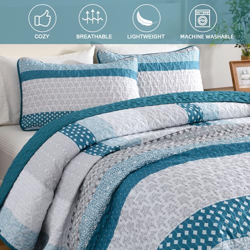 WONGS BEDDING Teal Blue Queen Size Quilt Set, Boho Striped Bedspread
