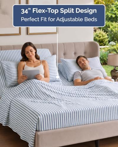 Flex Top Split Head King 6 Piece Sheet Set - Soft & Cooling - Blue Stripes