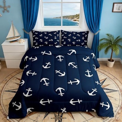 Manfei Anchor Comforter Set Full Size, Nautical Theme Summer Ocean Anchor Bedding Set 3pcs for Kids Boys Teens Room Decor, Luxurious Navy Blue Down Comforter with 2 Pillowcases, No Sheets