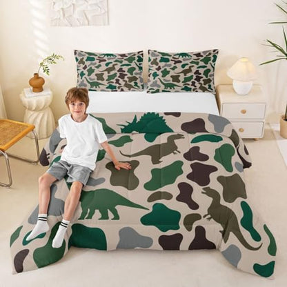 Manfei Army Green Camo Comforter Set Queen Size,Dinosaur Camouflage Bedding Set 3pcs,Wild Animals Theme Down Comforter for All Season,Kids Boys Girls Room Decor,2 Pillowcases,No Sheets