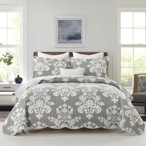 Queen Size Quilts - 100% Cotton Grey and White Quilt Set, 90x98