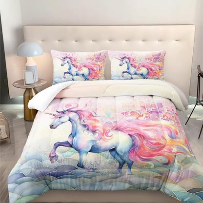 Nttopship Pink Fantasy Unicorn Comforter Set Queen Rainbow Scales Unicorn 3pcs Bedding Set for Girls Boys Kids Cartoon Down Alternative Soft Lightweight Comforter with 2 Pillowcases All Season