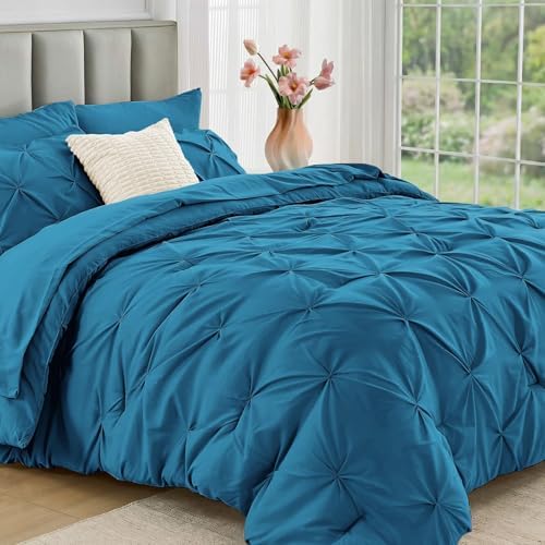 JOLLYVOGUE Queen Comforter Set 7 Pieces - Bed in a Bag Queen for All Season, Pintuck Bedding Comforter Sets with Comforter, Flat Sheet, Fitted Sheet and Pillowcases & Shams, Teal