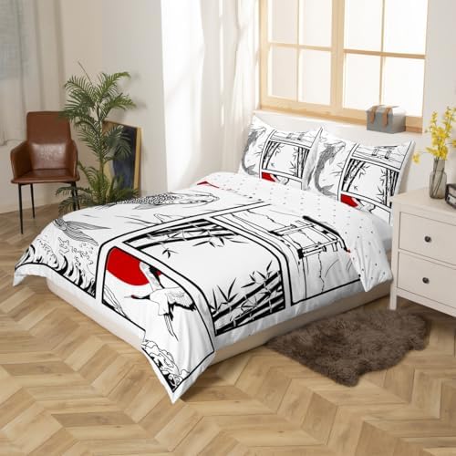 Feelyou Kids Japanese Koi Fish Duvet Cover Toddler Japanese Wave Crane Bedding Set Boys Girls Fuji Mountain Bamboo Comforter Cover Set Japan Tokyo Japanese-Style Bedspread Cover（No Comforter