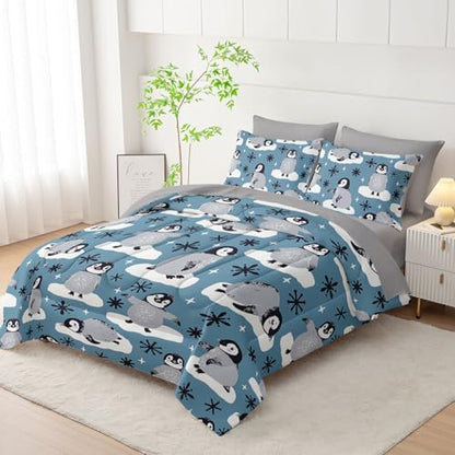 7Pcs Comforter Set Cartoon Penguin Black Snowflakes Printed Bedding Set with 1 Comforter,1 Flat Sheet,1 Fitted Sheet and 4 Pillowcases for Boys and Girls Bedroom All Season(Twin)