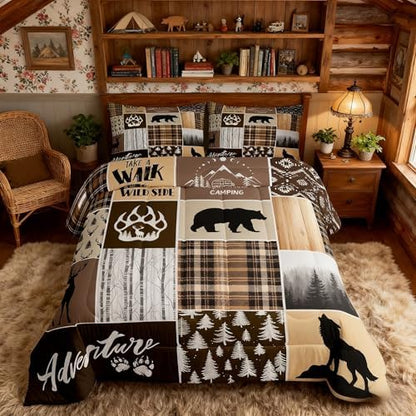 Rustic Farmhouse Kids Comforter Set Twin Size,Deer Antlers Bear Paws Plaids Patchwork Bedding Set for Boys Girls Adults Room Decor,Pine Trees Xmas Down Comforter,Brown Duvet Insert,1 Pillowcase