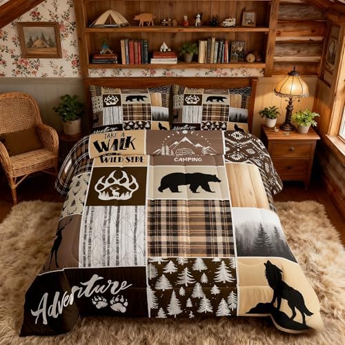 Rustic Farmhouse Kids Comforter Set King Size,Deer Antlers Bear Paws Plaids Patchwork Bedding Set for Boys Girls Adults Room Decor,Pine Trees Xmas Down Comforter,Brown Duvet Insert,2 Pillowcases