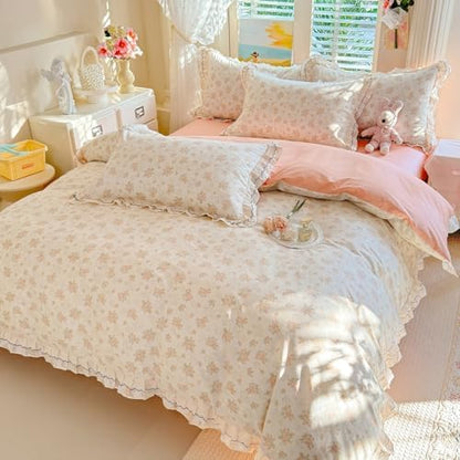 Vintage Floral Duvet Cover Set Twin XL, Chic Coquette Flower Botanical Bedding Set with Ruffle Lace, French Style 100% Cotton Cottagecore Duvet Cover, Aesthetic Flower Princess Lace Bedding Set