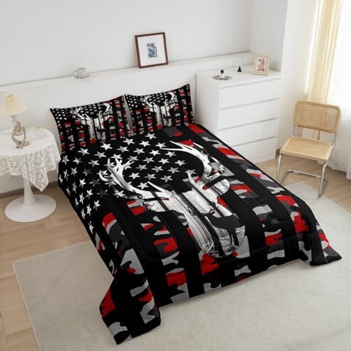 Camo American Flag King Size Comforter Sets for Kids,Deer Antlers Red Camouflage Bedding Flags for Room Teens,Wild Animal Hunting Farm Branches Leaves Stars Stripes USA Flag Down Comforter
