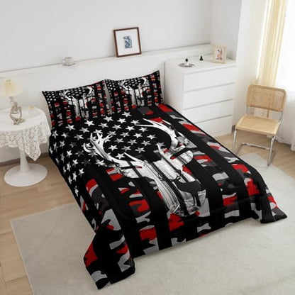 Camo American Flag King Size Comforter Sets for Kids,Deer Antlers Red Camouflage Bedding Flags for Room Teens,Wild Animal Hunting Farm Branches Leaves Stars Stripes USA Flag Down Comforter