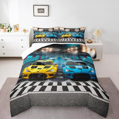 Feelyou Sports Car Comforter Extreme Sports Decor Comforter Set for Kids Boys Yellow Blue Race Car Bedding Set Cool Speed Competitive Racing Car Quilt Set Room Decor 2Pcs Twin Size