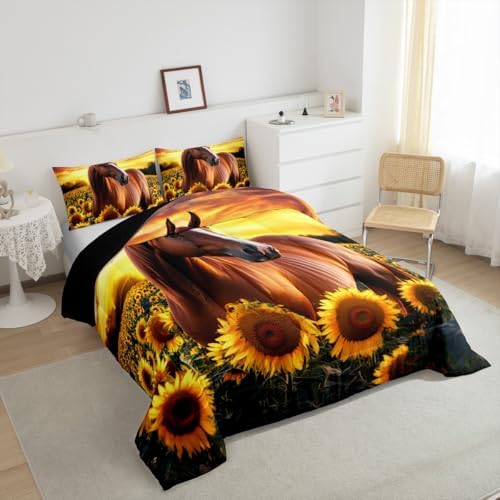 3D Horse Comforter Set for Kids Boys Wild Animal Down Comforter Girls Teen Adult Women Sunflower Quilted Duvet Brown Horse Bedding Comforters Cowboys Farmhouse Comforter with 2 Pillowcases, Queen Size