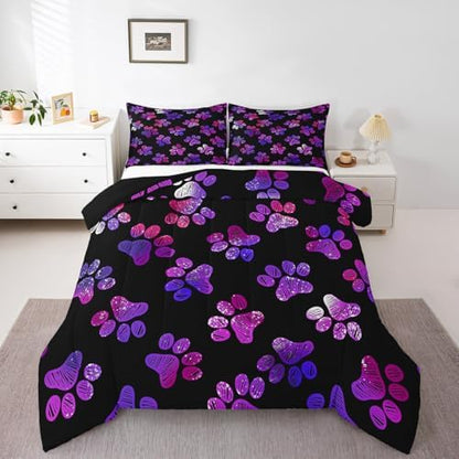 Manfei Dog Lover Comforter Set King Size, Watercolor Dog Paw Print Duvet Insert Animal Theme Bedding Set 3pcs for Kids Boys Girls Room Decor Luxury Polyester Black Quilted Duvet with 2 Pillowcases