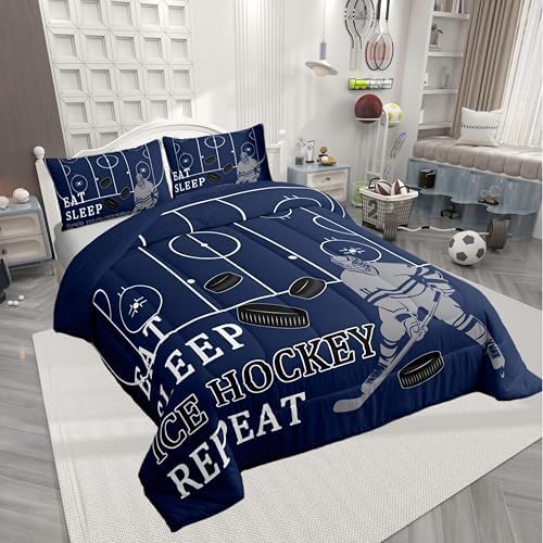 Ice Hockey Comforter/Duvet Set,Puck Ball Hockey Player Ultra Soft Bed Collection,Winter Extreme Sports Navy Blue Kids Bedding for Room Decor 3 Pcs,Microfiber Breathable,King