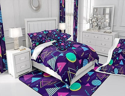 Manfei Memphis Comforter Set Full Size, Retro 80s or 90s Fashion Style Bedding Set 3pcs for Kids Boys Girls, Geometric Triangle Circle Quilt Set Soft Polyester Duvet Set with 2 Pillowcases