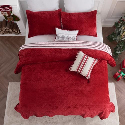 Wonderful Christmas Red Luxury Velvet Quilt Set King, 5-Piece Cotton Stripe Quilt All-Season Breathable Bedding with 2 Elegant Cushions,Versatile for Bedroom, Fit for Adults, Teens & Kids, 104"x94"