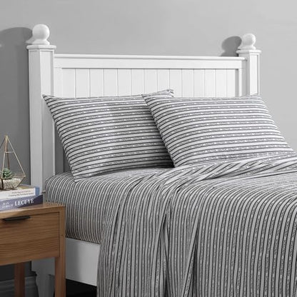Nautica - Twin Sheet Set, Breathable & Cooling Microfiber Bedding with Matching Sham(s), Casual Home Decor (Striped Nautica Logo Grey, Twin)