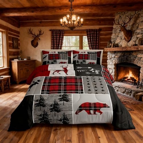 Deer Antlers Bear Kids Comforter Set King Size,Plaids Boho Arrows Patchwork Bedding Set for Boys Girls Adults Room Decor,Rustic Adventure Xmas Down Comforter,Red Retro Duvet Insert,2 Pillowcases