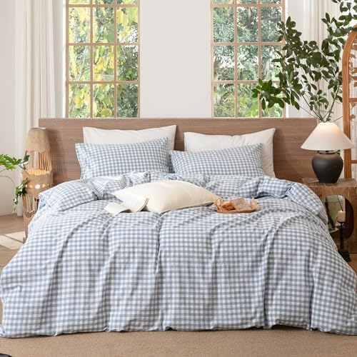 MooMee Gingham Duvet Cover Set 100% Washed Cotton Linen Like