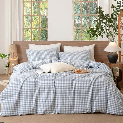 MooMee Gingham Duvet Cover Set 100% Washed Cotton Linen Like