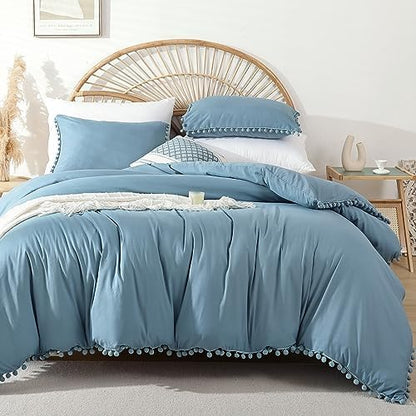 YIRDDEO Twin Comforter Set, Dusty Blue Ball Pom Fringe Bedding Set 2 Pieces
