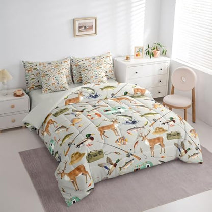 Erosebridal Hunting and Fishing Queen Comforter Set 7 Piece Mallard Duck Deer Hunting Comforter Set Bass Fish Camper Car Bedding Sets for Boys Girls Rustic Cabin Wild Gray Sheet Set with Comforter