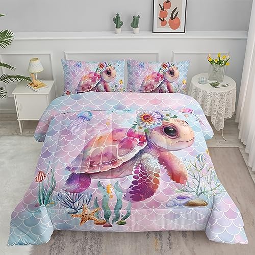 Axolotl Turtle Bedding Set King for Kids Boys,Colorful Underwater World Comforter Set for Girls Teens,Ocean Sealife Comforter with Jellyfish,Colorful Fish Scales Print Bedding,1 Quilt 2 Pillowcases