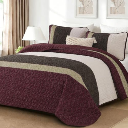 Cottolester Quilts Queen Size,Burgundy Striped Plaid Bedspread Coverlet Set
