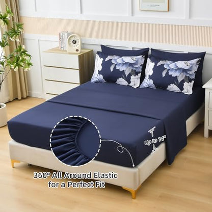 Dobuyly Navy Blue Full Size Comforter Set 7 Piece Bed in a Bag, Blue White Floral Comforter Set with Sheets, Soft Microfiber Botanical Flowers Complete Bedding Set for All Season
