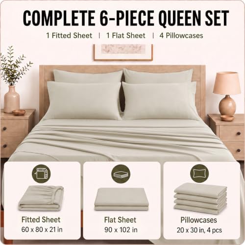 CozyLux Queen Sheet Set 6-Piece, 21-Inch Deep Pocket, Soft Brushed Feel